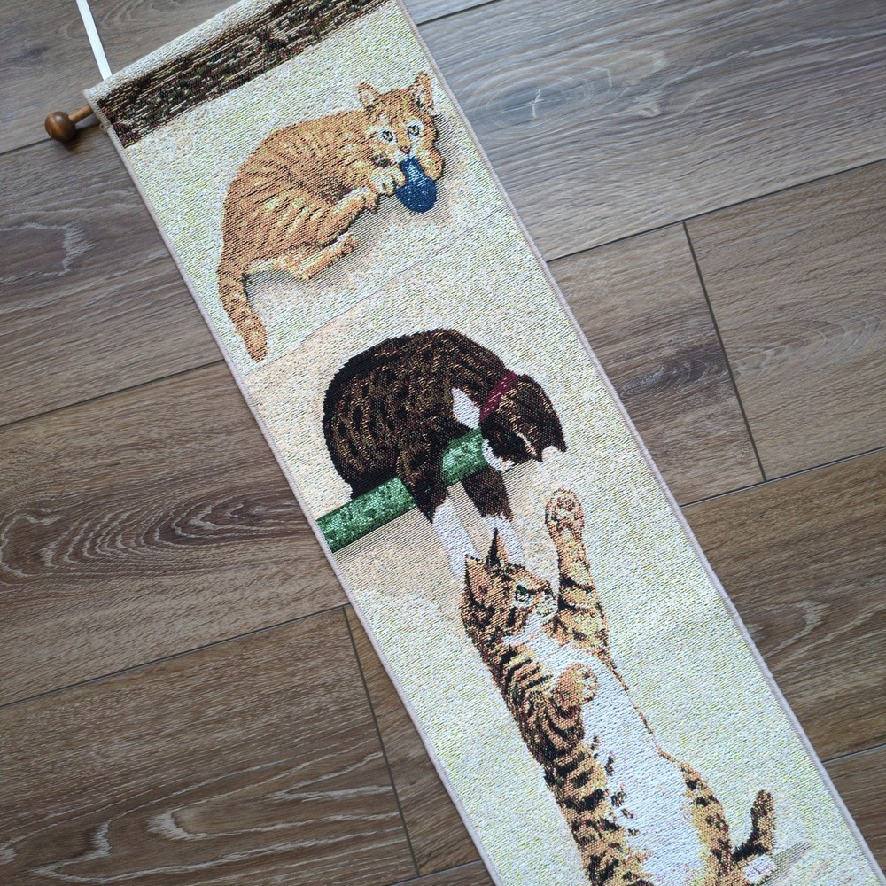 Vintage 90s CURIOUS KITTIES Linda Picken Cat Tapestry/Wall Scroll w/Tassel 40"